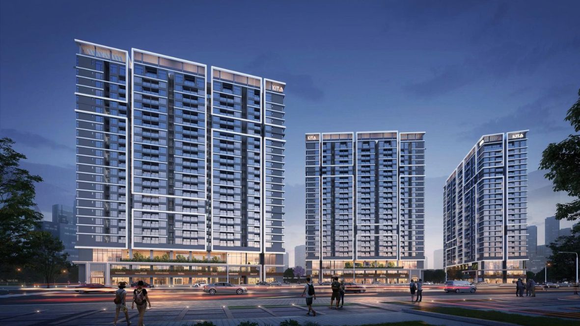 Phối cảnh tổng thể dự án Ansana By Kita nhìn từ trên cao, thể hiện thiết kế xanh và hiện đại trên mặt tiền Võ Văn Kiệt